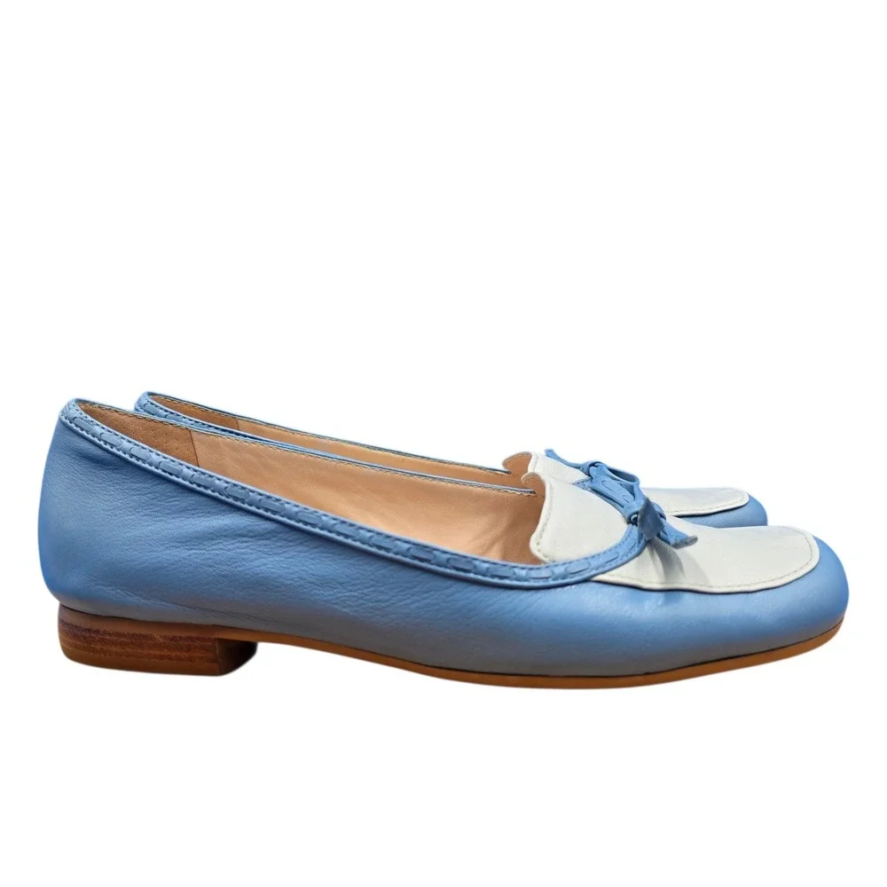 Antonio Melani Womens Blue White Leather Square Toe Bow Loafer Flats 8M
